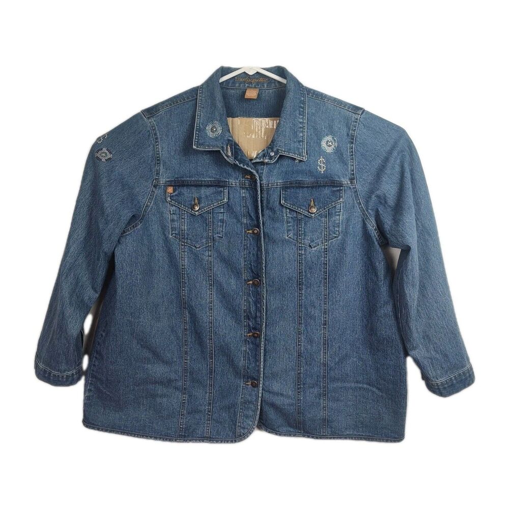 Liz & Me Signature Denim Jacket Women's 1X Button-Up Rhinestones Casino Long Slv